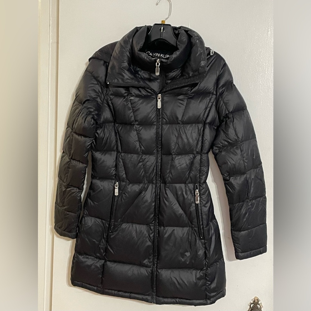 Calvin Klein Black women’s down filled jacket with hood size Small